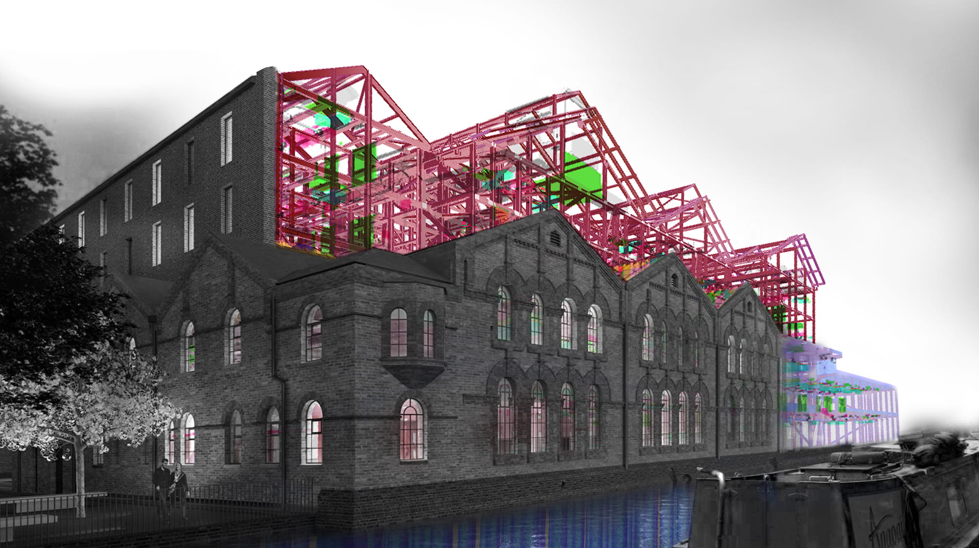 A digitally rendered architectural visualization of a historic brick building with a modern steel framework structure on top, set against a waterway.