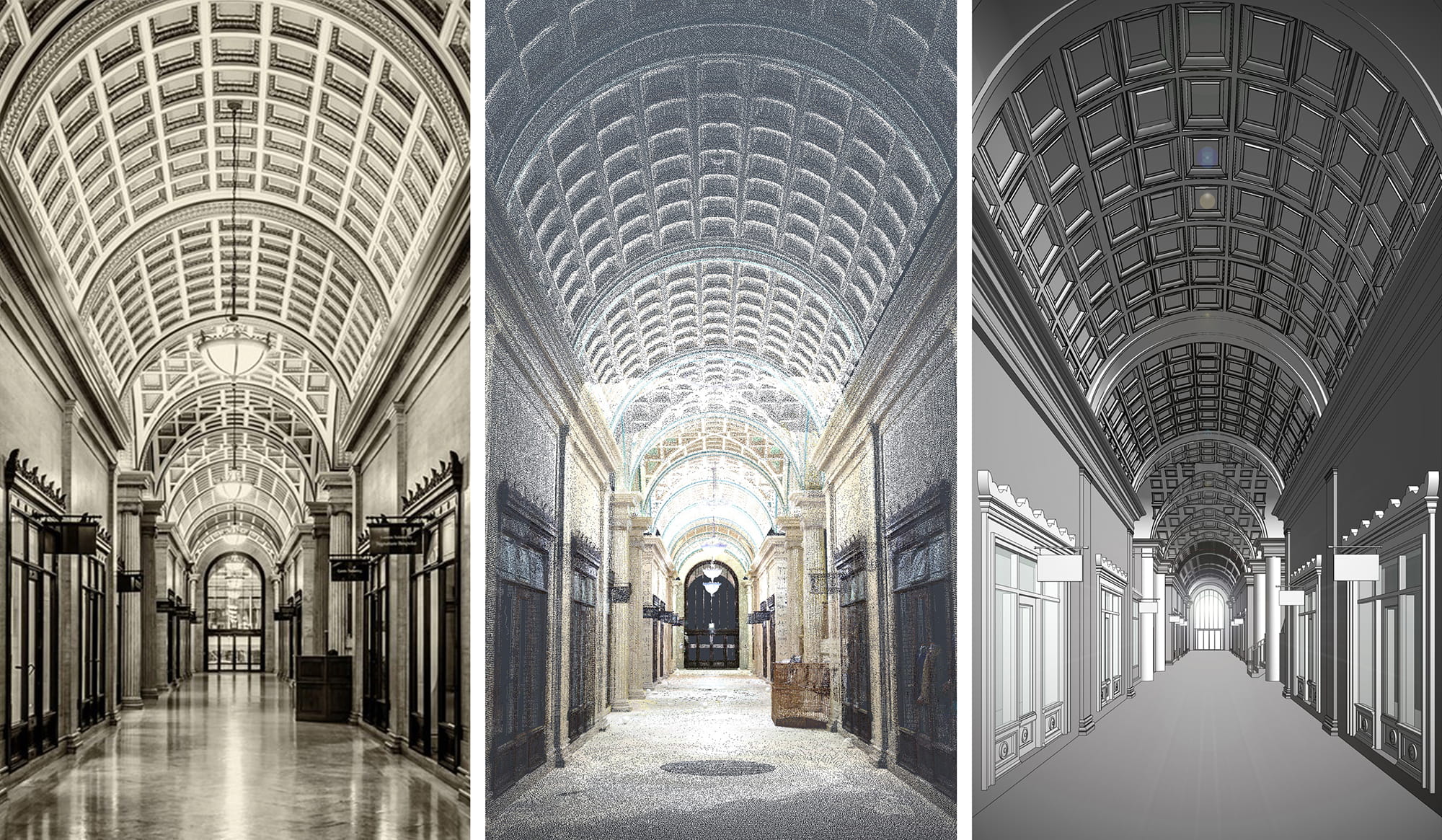 Three images of a grand corridor featuring a coffered ceiling, with variations in style: one in black and white, one in bright colors, and one as a line drawing