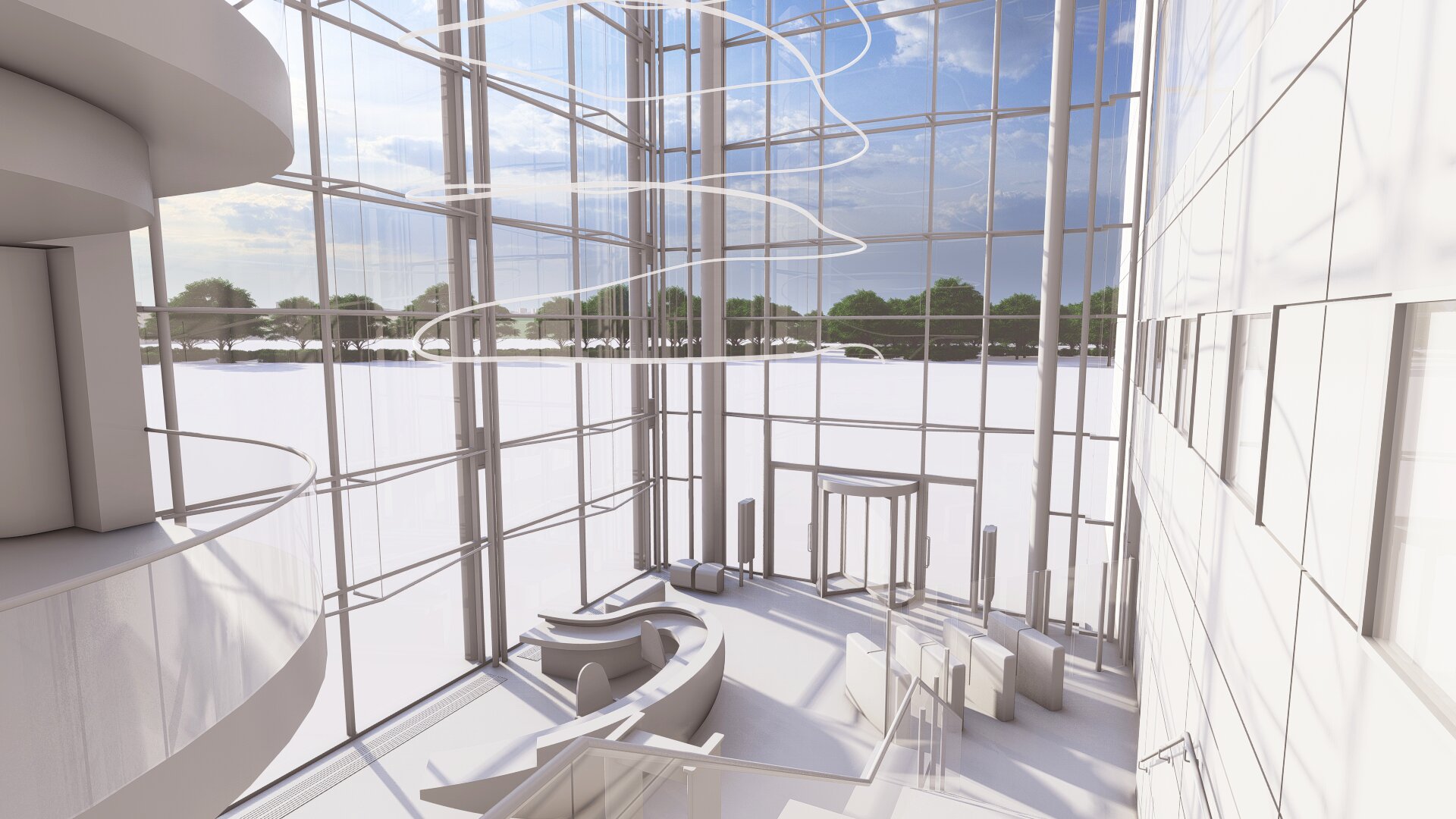 Interior view of a modern, glass-walled lobby featuring a curved reception desk, seating areas, and a revolving door, with trees visible outside.