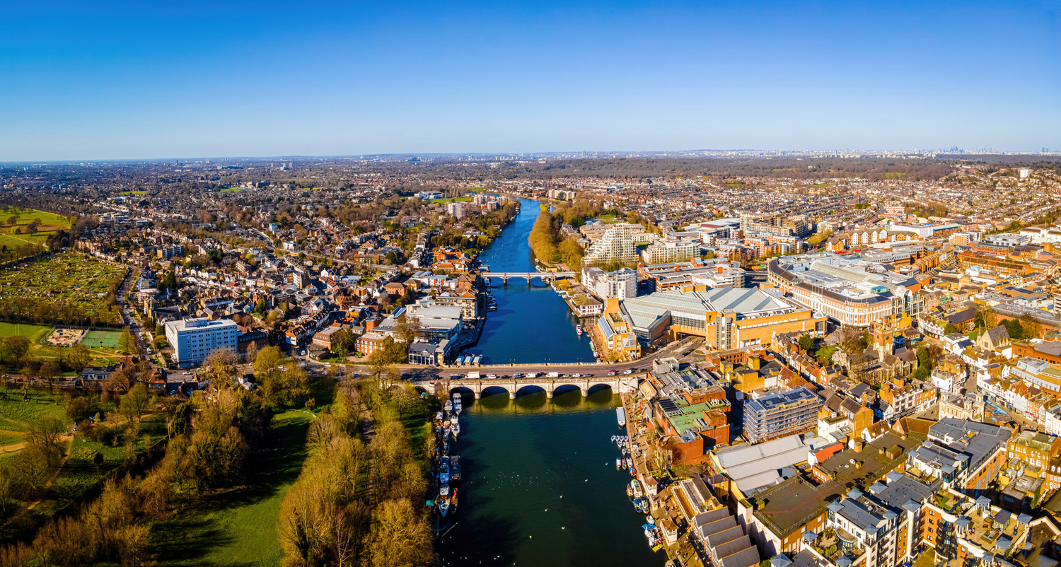 The aerial view of Kingston bridge and suburbs of London in spring, UK