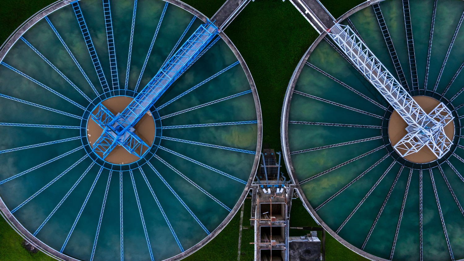 Aerial view circular clarifier tank at wastewater treatment plant, Industrial infrastructure, Environment technology sustainable water management system, Sedimentation tank circular clarifier.