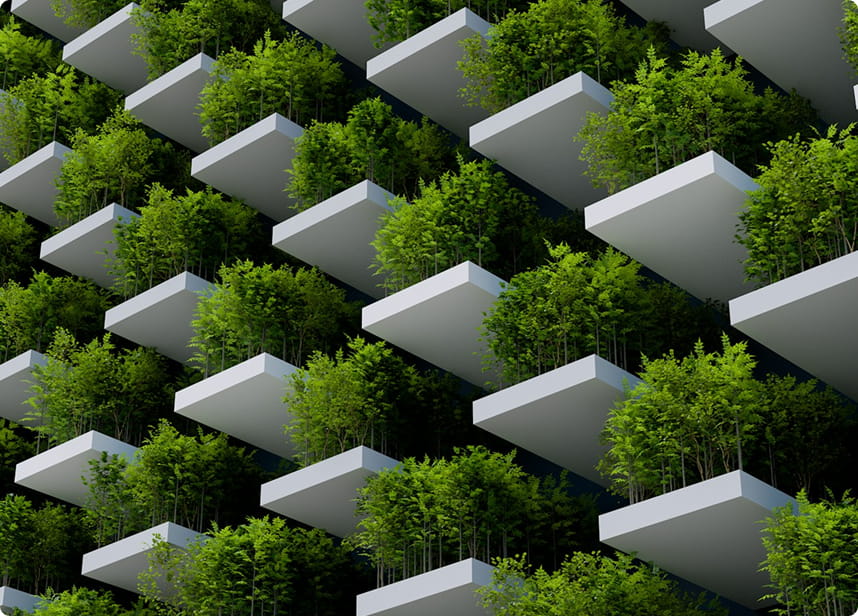 Vertical garden structure with multiple layers of greenery on white platforms.